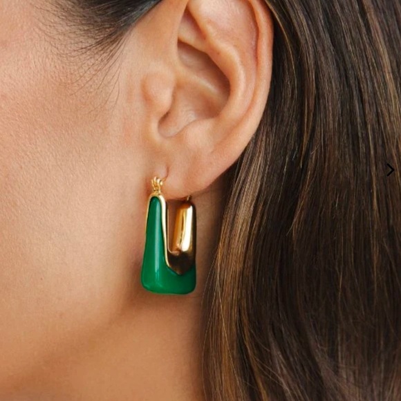 Esme Square Elegant Gold and Green Hoop Earrings - Picture 3 of 4